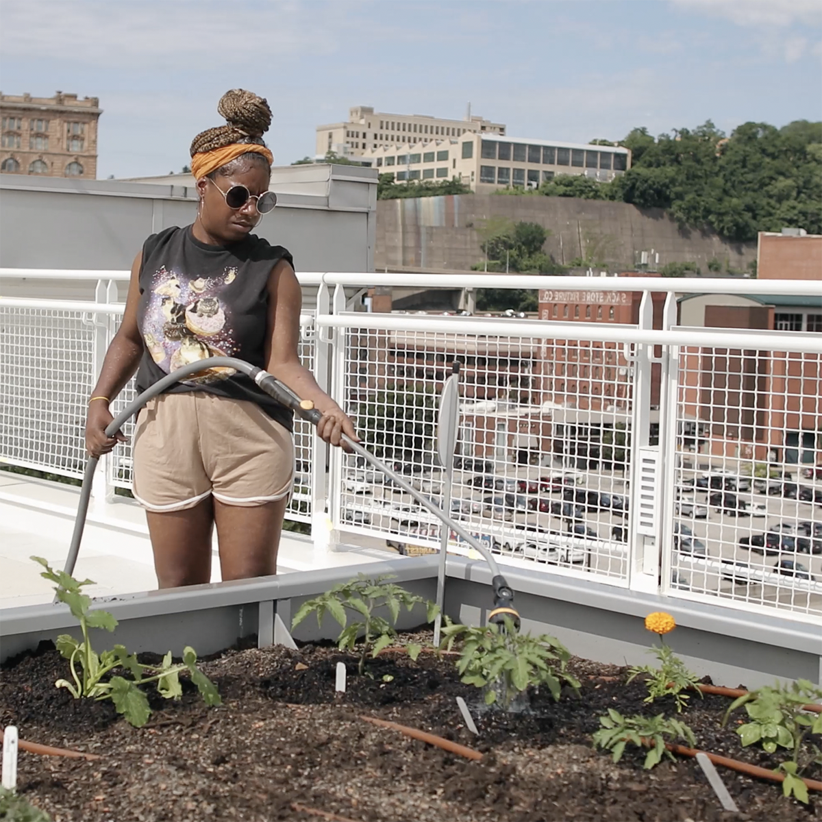 Photo of a student holding a hose and watering a raised garden bed full of plants on the rooftop garden
